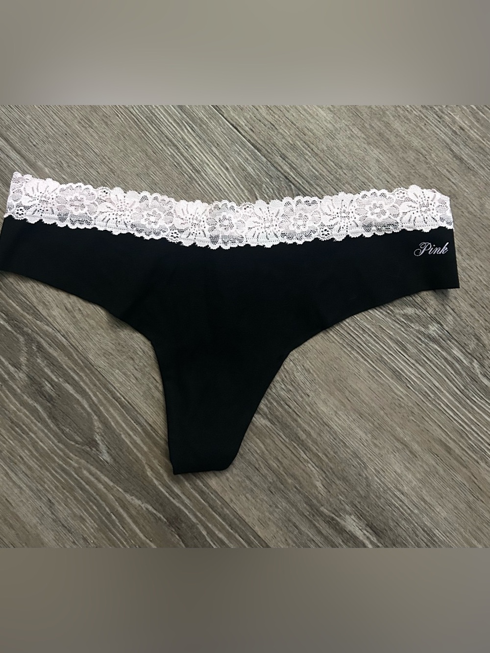 PINK Victoria's Secret Black Thong with White Lace Waistband